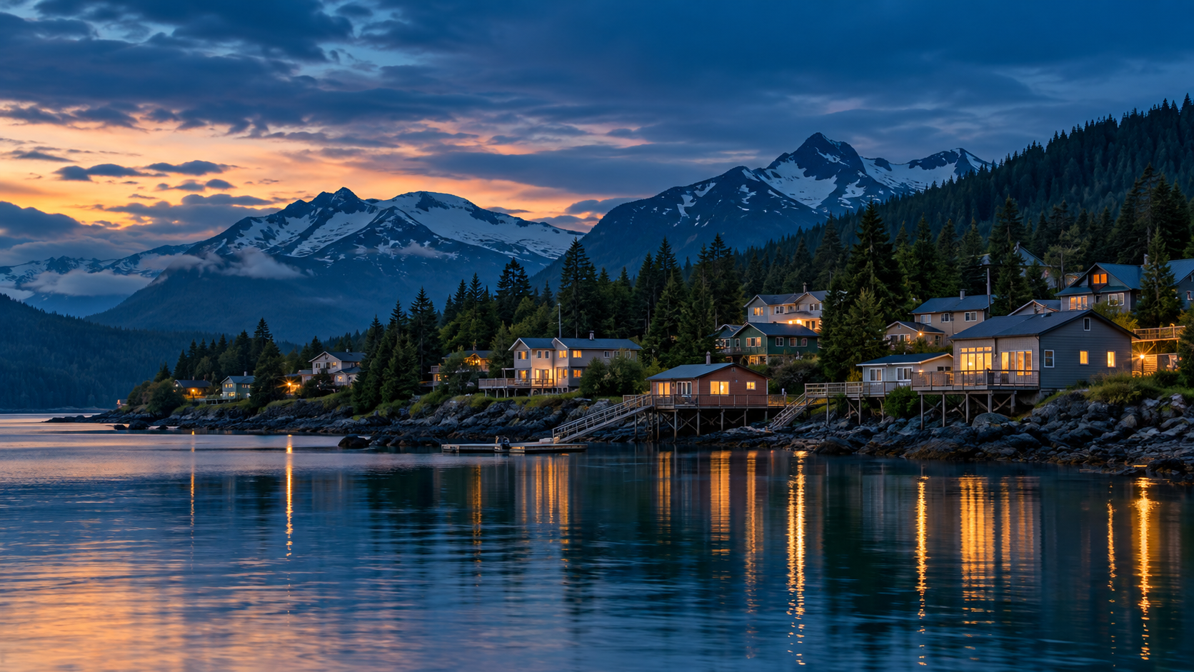Illustrative coastal community beneath mountains at dusk